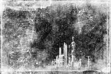 Destroyed buildings on street of city. Grunge scratch background. Black and white colors illustration