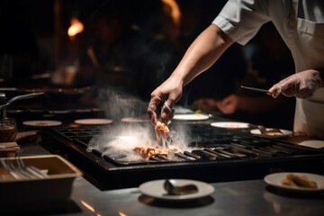 Teppanyaki chef's hand cooking in front of guests,