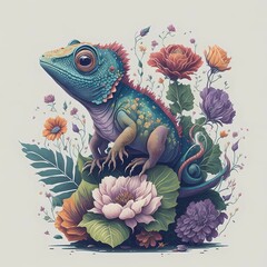 cute Chameleon image with flower vintage art illustration, generative Ai art