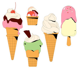 Set of tasty ice creams. Sweet summer delicacy sundaes,gelatos with different tasties,collection isolated ice-cream cones and popsicle with different topping.Vector illustration for web,design, print.