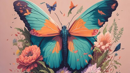 butterfly on a flower image with vintage style illustration, generative Ai art