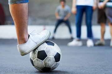 Soccer ball, closeup and foot with exercise, fitness and competition with training, workout and...