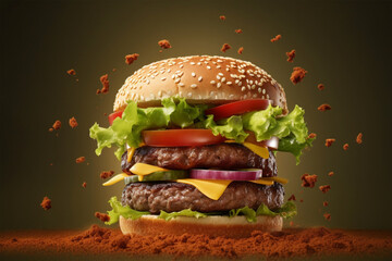 Hamburger with flying ingredients on a background. created using generative AI tools