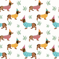 Cute dachshunds dressed in a sweater and a festive hat. Seamless pattern.