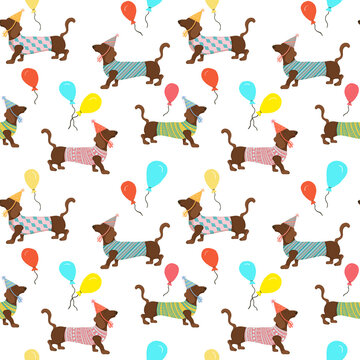 Seamless pattern. Cute dachshunds in party hats and balloons