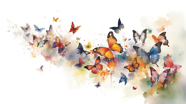 Beautiful butterflies flying watercolor paintings on white background. Minimal Digital illustration generative AI.