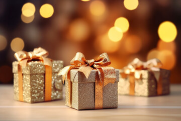Golden gift boxes with golden bows on the background of bokeh effect. Generative AI