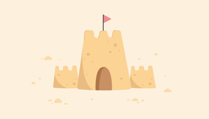 Sandcastle and little red flag in flat style