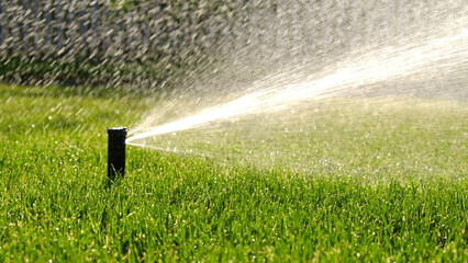 Automatic garden irrigation system watering lawn with adjustable head. Automatic equipment for...