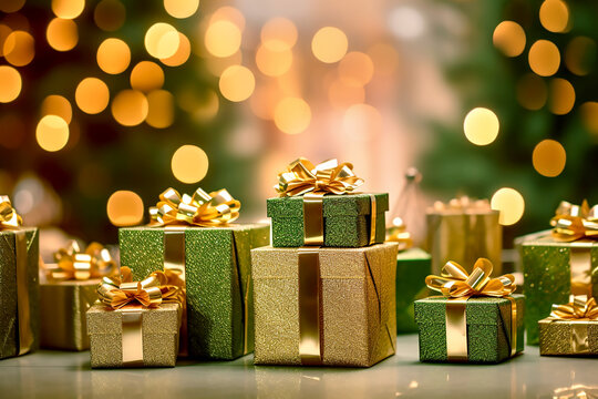 Golden and green gift boxes with golden bows on the background of bokeh effect. Generative AI