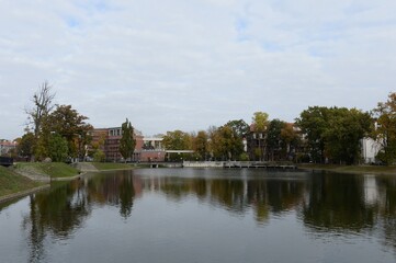 Fototapeta na wymiar Poplavok pond in the historical district of Amalienau in the city of Kaliningrad