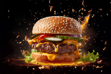Hamburger with flying ingredients on a background. created using generative AI tools