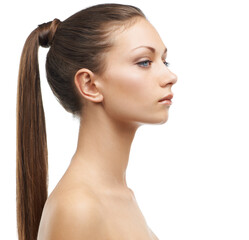 Woman, studio profile and ponytail hair care with beauty, makeup and cosmetics for wellness by...