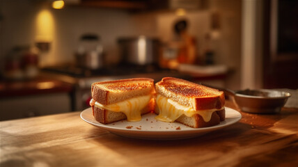 Generative AI Illustration of a Grilled Cheese Sandwich on a Kitchen Island or Table Top
