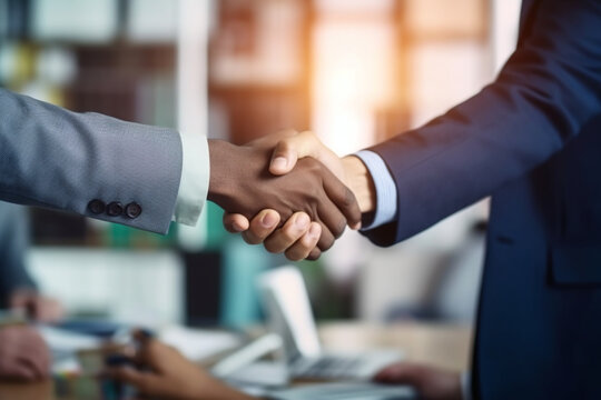 Business handshake, Double up on manpower to make it happen. two businessmen shaking hands during a meeting in a modern office.