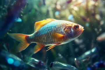 Fototapeta premium Ocean plastic pollution. Underwater world with plastic debris at the bottom. Ecological problem. AI generated