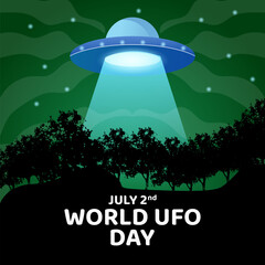 World ufo day 2 july, poster greeting card illustration design with UFO and tree hill silhouette in background galaxy night © StudioHaxe