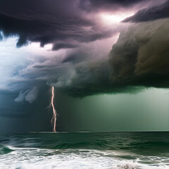 Dramatic storm at sea with vivid lightning. Generative Artificial Intelligence.