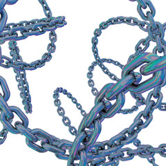 Colorful iridescent metal chains swirling abstract floating 3d render on transparent background