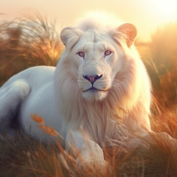 Majestic Sunset: The Albino White Lion's Tranquil Repose 2, generated by generative AI