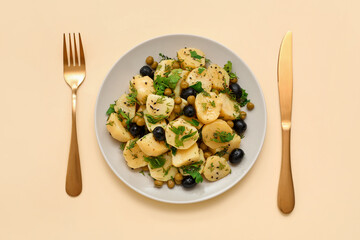 Plate of tasty Potato Salad with vegetables on yellow background