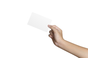 Hand holding blank white card isolated on white background include cutting path concept of business and finance. Hand holding blank business card