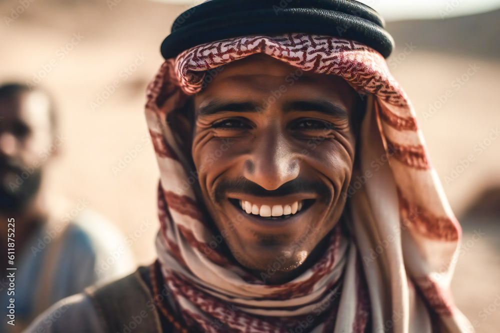 Poster a portrait of a smiling muslim man. created with generative ai technology.
