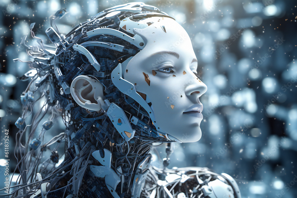 Poster stylized augmented human head. artificial intelligence concept illustration. created with generative