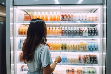 Travel woman viewed from back choosing beverage in a fresh fridge