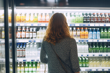 Travel woman viewed from back choosing beverage in a fresh fridge