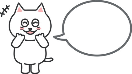 Cartoon white cat informing something fun with a speech bubble, vector illustration.