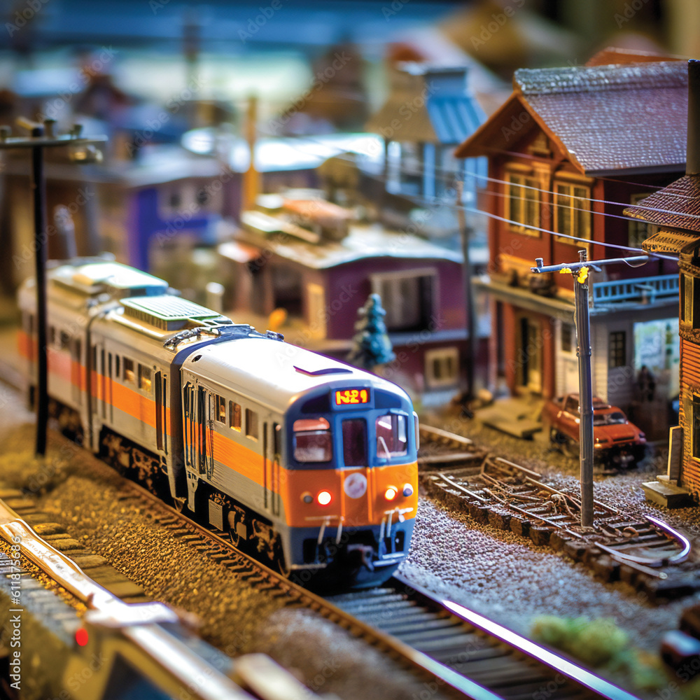 Poster miniature train and station. diorama. created with generative ai technology.