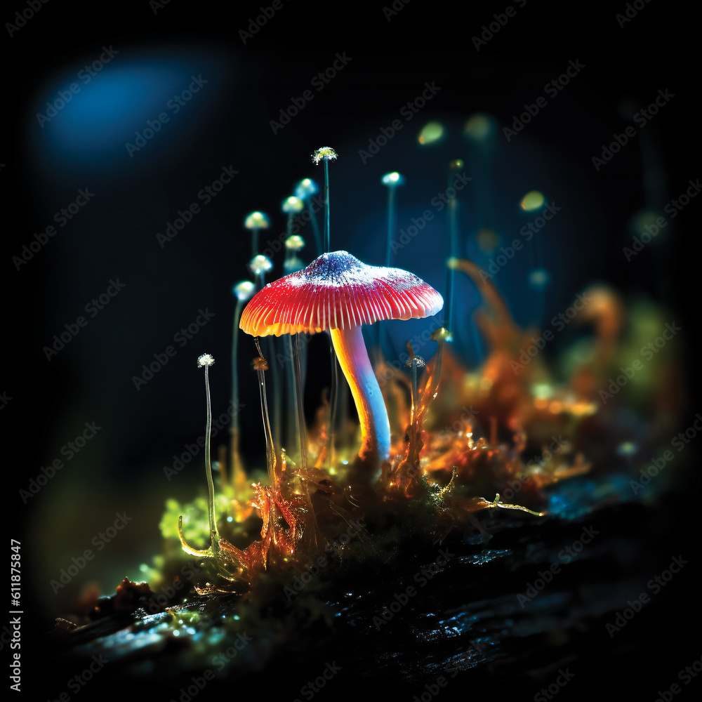 Poster iridescent mushrooms in the forest. created with generative ai technology.