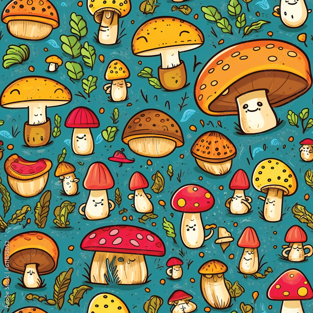 Poster cute seamless mushroom pattern. created with generative ai technology.