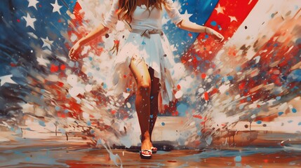 Southern Girl in a white dress in front of a colorful explosion of patriotic paint, generative ai