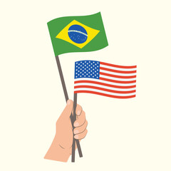 Flags of Brazil and USA, Hand Holding flags