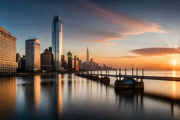 city skyline at sunset