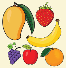 Colorful Fruit Vector Set  Mango, Strawberry, Banana, Grape, Orange, and Apple Art Collection set 