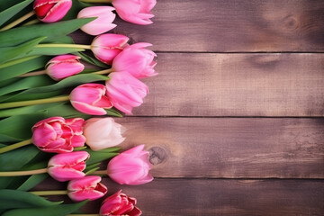 Tulip border with copy space, Beautiful frame composition of spring flowers, Bouquet of pink tulips flowers on pink vintage wooden background
