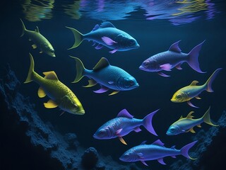 Obraz na płótnie Canvas a colorful holographic fishes glowing in ocean, ai generated