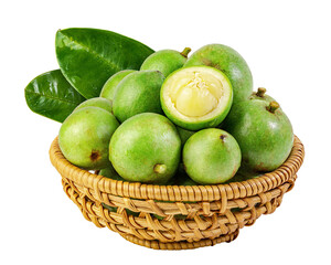 Baccaurea (or Burmese grape) with leaves in a bamboo basket isolated on white background