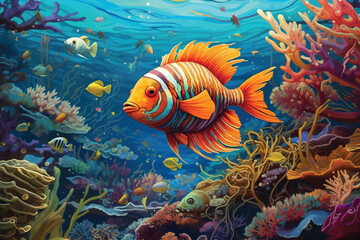 Fototapeta na wymiar painting of underwater world with coral fishes 