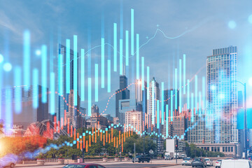 Skyscrapers Cityscape Downtown View, Chicago Skyline Buildings. Beautiful Real Estate. Day time. Forex Financial graph and chart hologram. Business education concept.