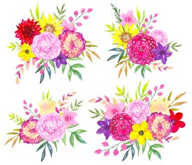 Floral watercolor compositions of bright flowers on a white background