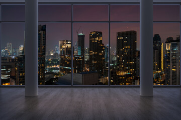Fototapeta na wymiar Empty room Interior Skyscrapers View Bangkok. Downtown City Skyline Buildings from High Rise Window. Beautiful Expensive Real Estate overlooking. Night time. 3d rendering.