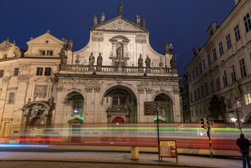 Church of the Holy Saviour and Tram in Action. Long Exposure, Prague, Czech. Night Photo Shoot.