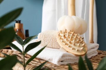Bath accessories on stool in room, closeup