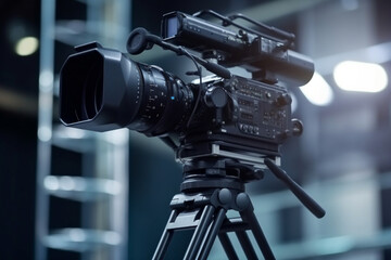 TV Camera broadcast on the crane tripod for shooting or recording and broadcasting content in studio production to on air tv or online internet live show, HD Video recording on crane, Selective focus