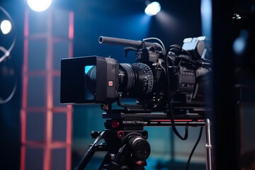 TV Camera broadcast on the crane tripod for shooting or recording and broadcasting content in studio production to on air tv or online internet live show, HD Video recording on crane, Selective focus
