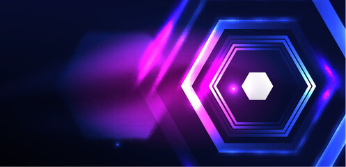 Hexagon abstract background. Techno glowing neon hexagon shapes vector illustration for wallpaper, banner, background, landing page, wall art, invitation, prints, posters